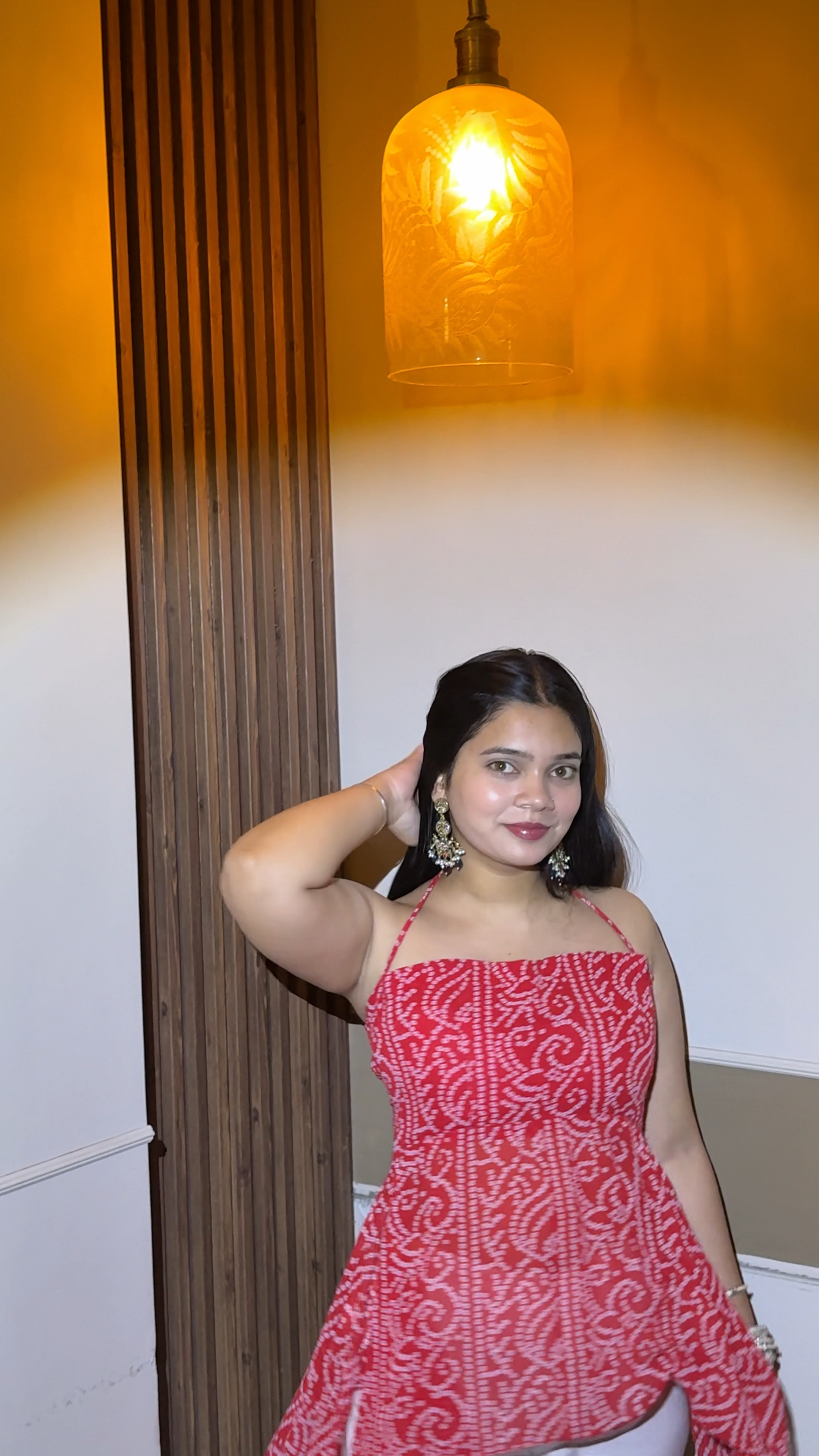 Red Bandhani Halter Neck Top in Georgette | Handkerchief Hem Kurti