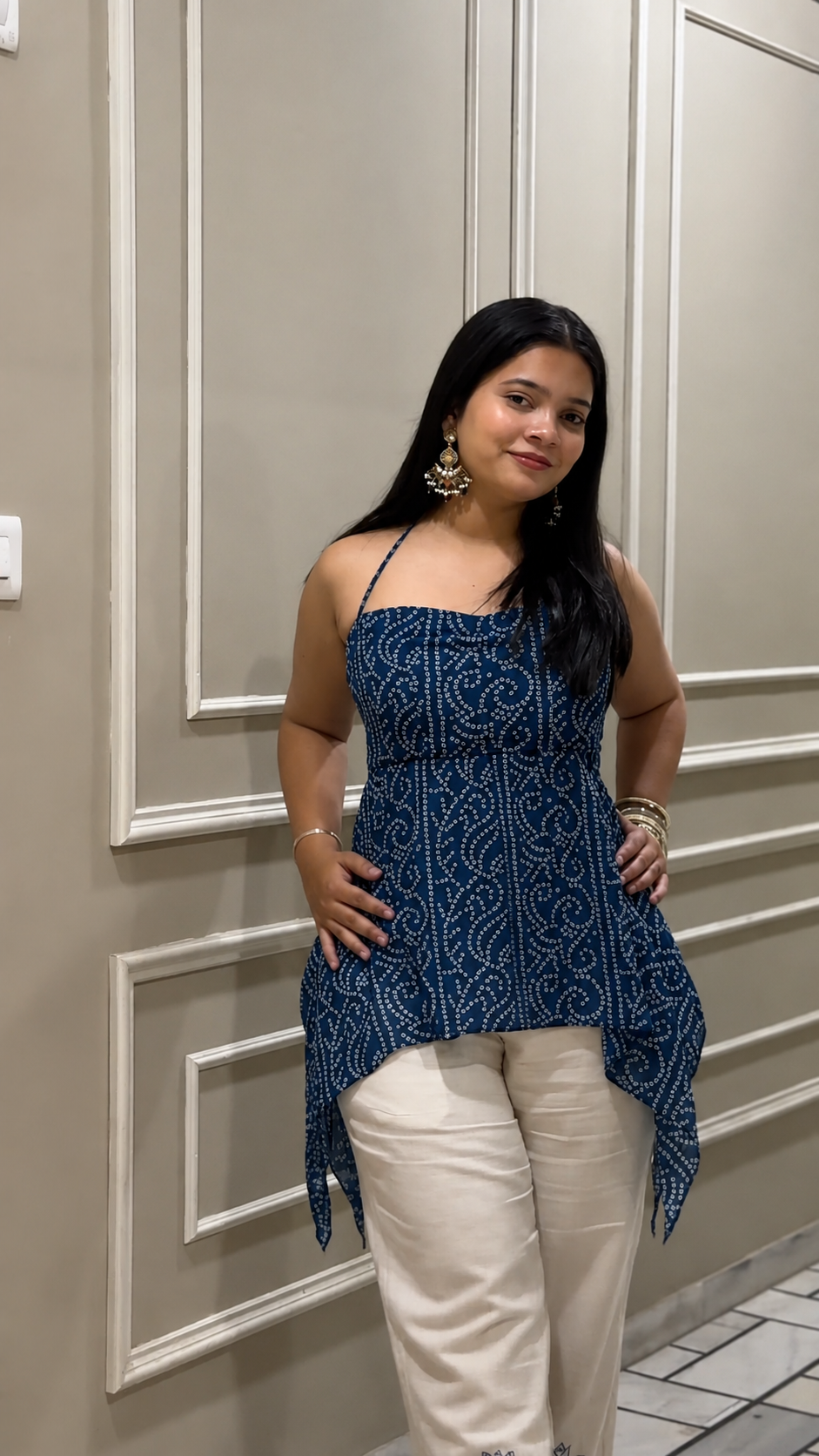 Maya — Bandhani Halter Neck Top in Georgette | Flowing Fit for All Body Types