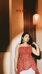 Red Bandhani Halter Neck Top in Georgette | Handkerchief Hem Kurti