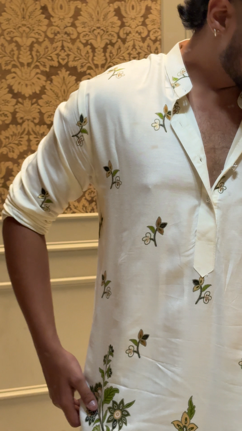 Harit — Pure Cotton Printed Kurta with Green Floral Motifs | Effortless Everyday Wear for Men
