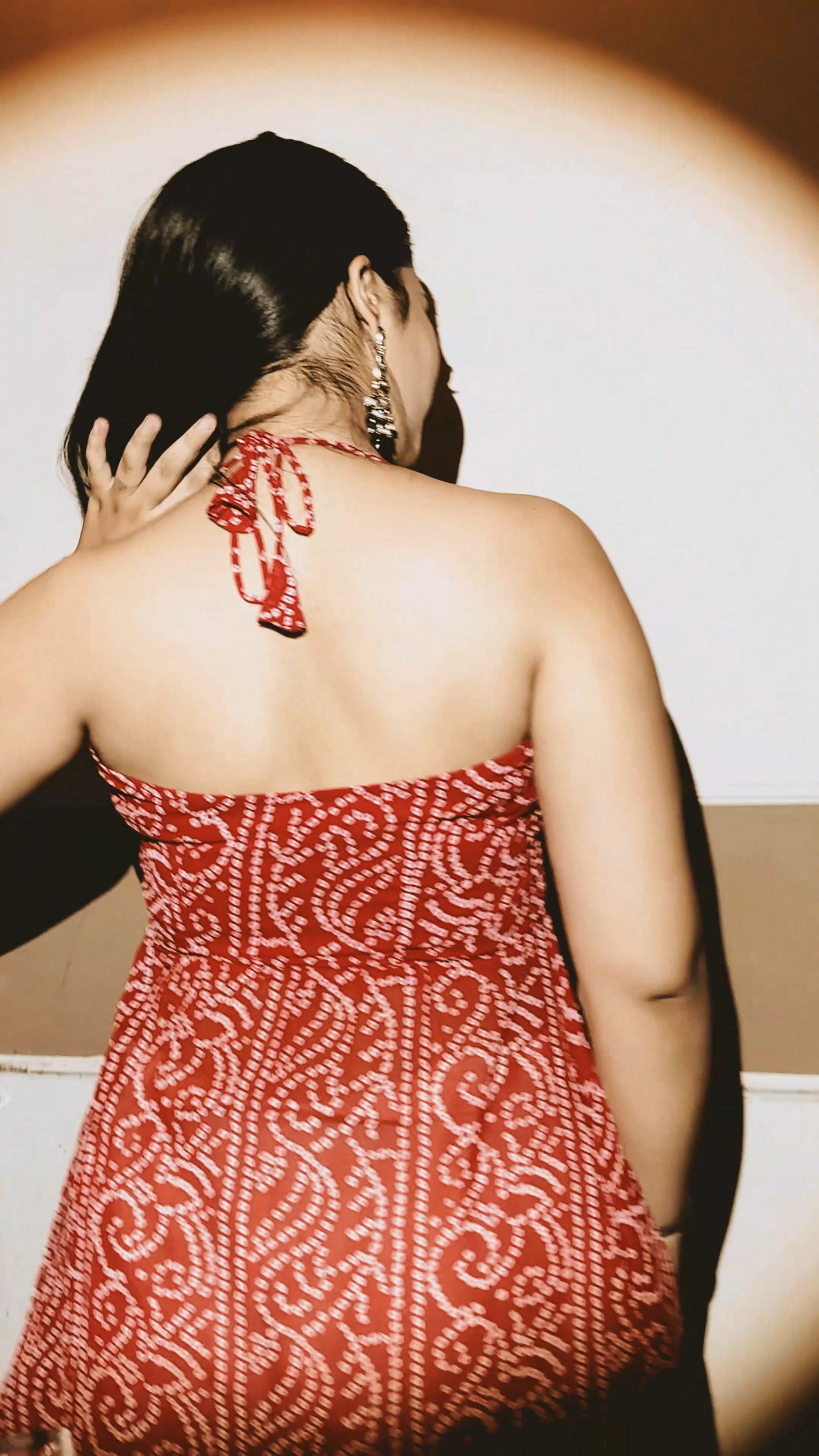 Red Bandhani Halter Neck Top in Georgette | Handkerchief Hem Kurti