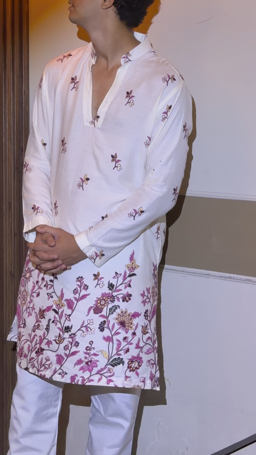 Gulzar — Pure Cotton Kurta with Pink Floral Print| Everyday Elegance for Men
