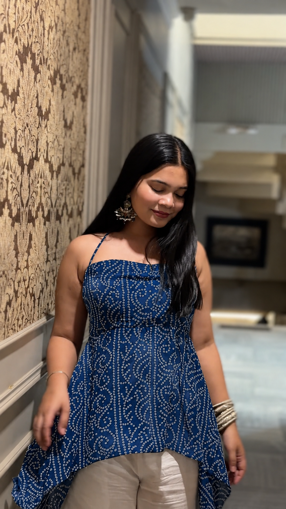 Maya — Bandhani Halter Neck Top in Georgette | Flowing Fit for All Body Types