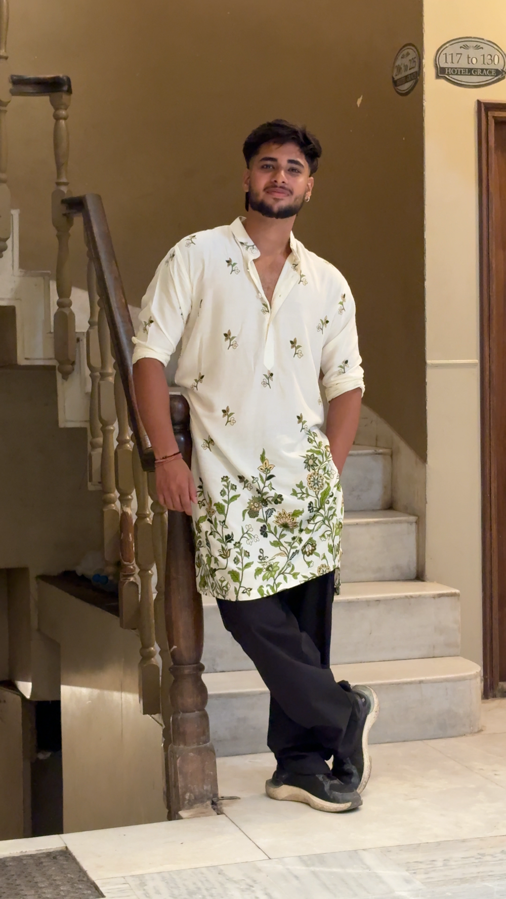 Harit — Pure Cotton Printed Kurta with Green Floral Motifs | Effortless Everyday Wear for Men