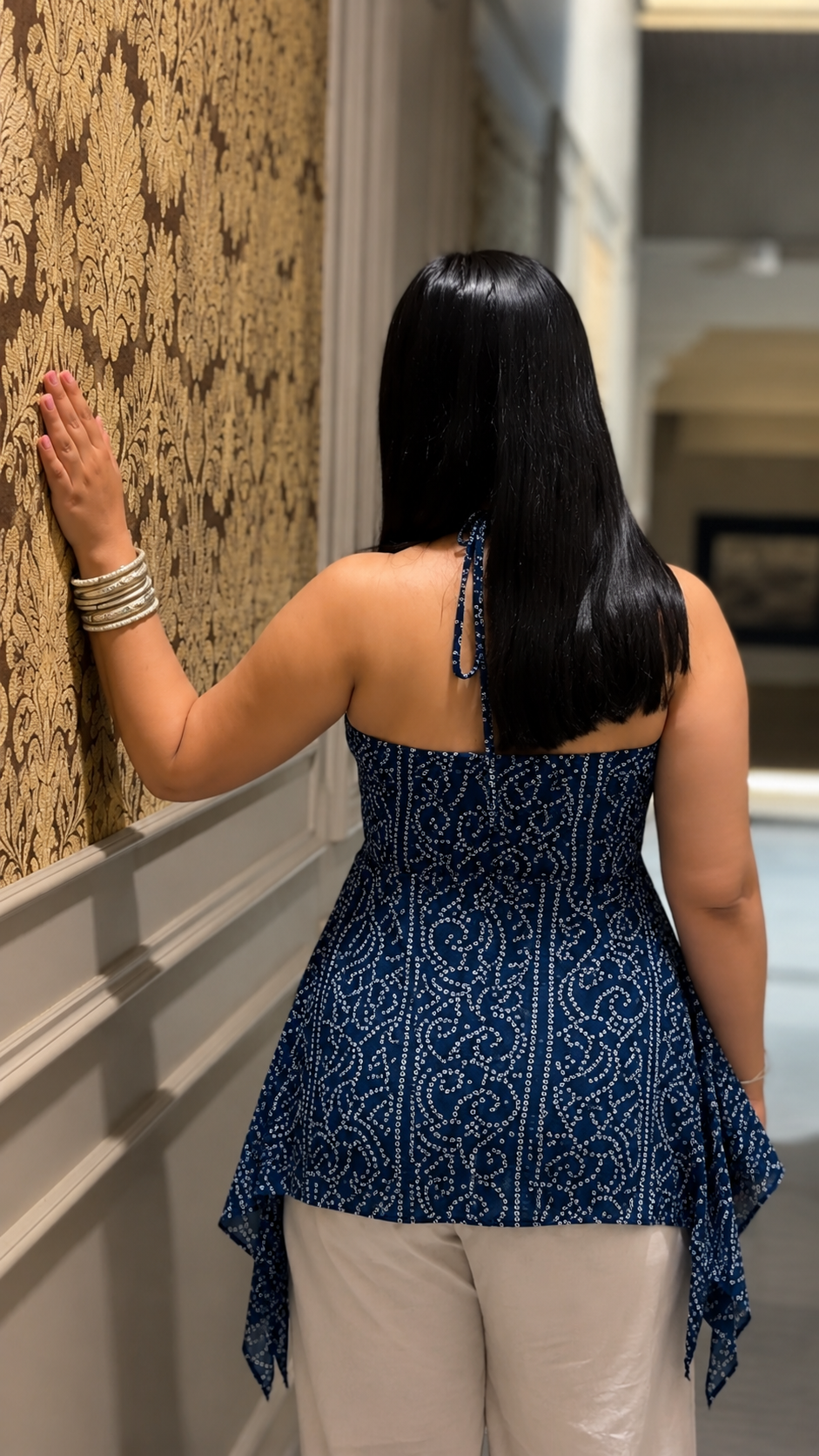 Maya — Bandhani Halter Neck Top in Georgette | Flowing Fit for All Body Types