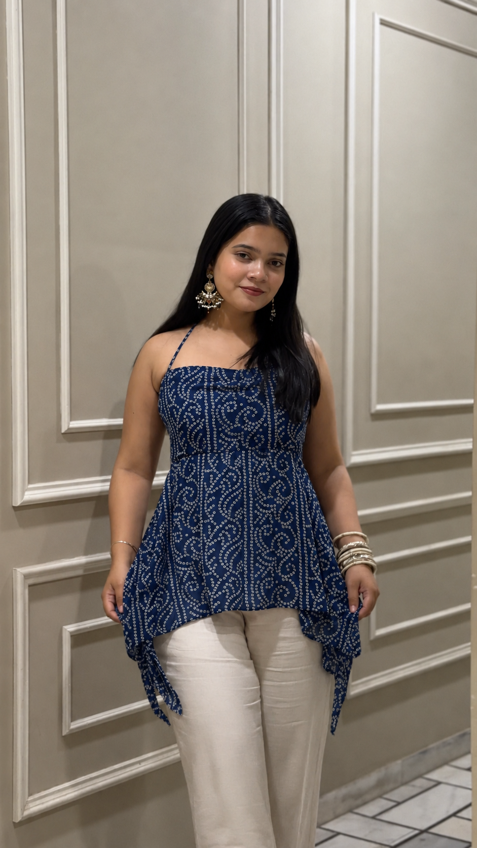 Maya — Bandhani Halter Neck Top in Georgette | Flowing Fit for All Body Types