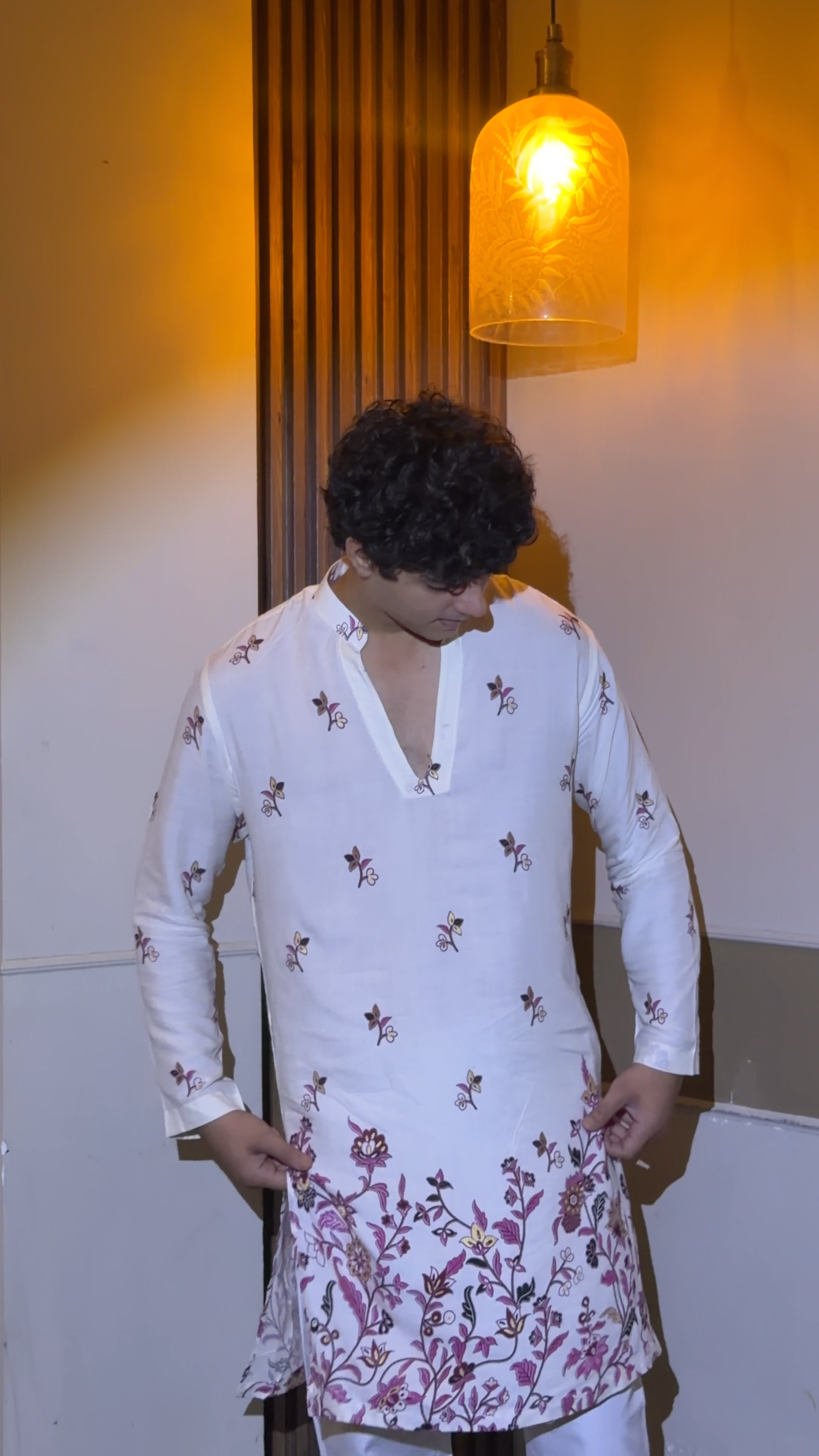 Gulzar — Pure Cotton Kurta with Pink Floral Print| Everyday Elegance for Men