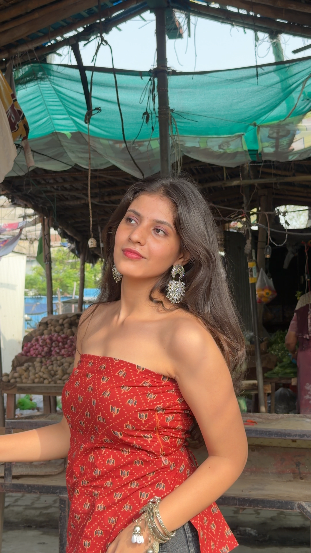 Kriti — Cotton Cinched Laced-Back Top in Red Floral Print | Backless Look, Without the Worry