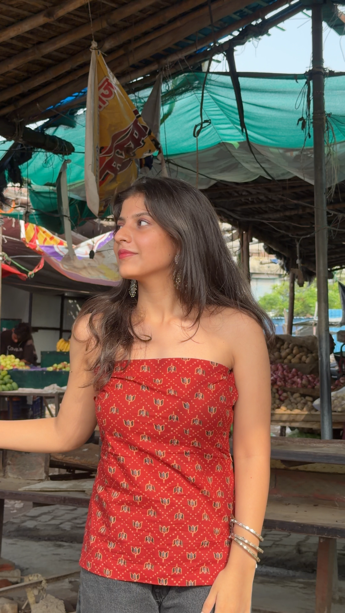 Kriti — Cotton Cinched Laced-Back Top in Red Floral Print | Backless Look, Without the Worry