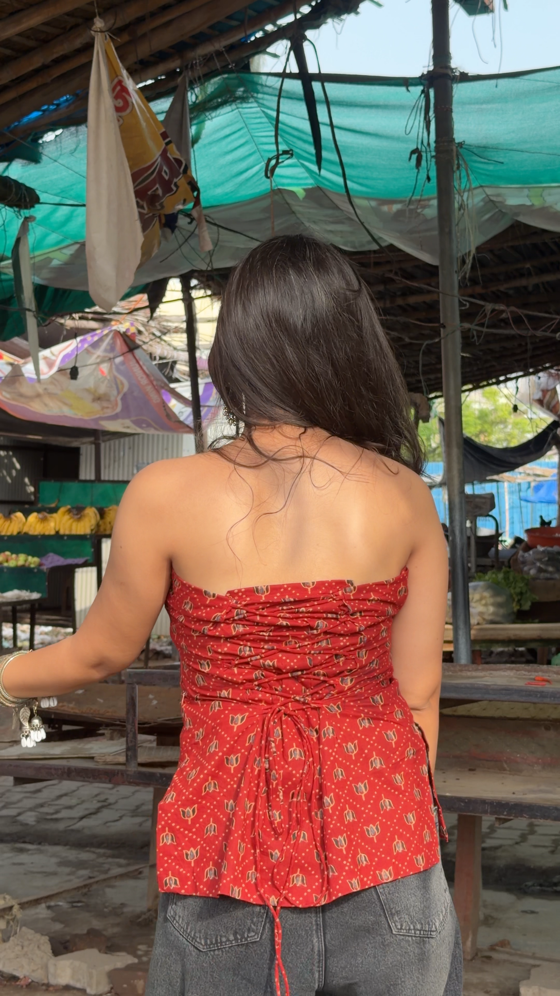 Kriti — Cotton Cinched Laced-Back Top in Red Floral Print | Backless Look, Without the Worry