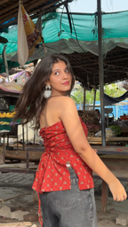 Kriti — Cotton Cinched Laced-Back Top in Red Floral Print | Backless Look, Without the Worry